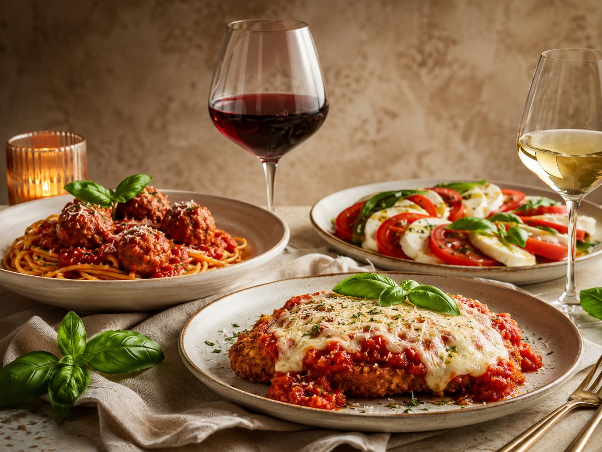 Chicken parmesan, spaghetti and caprese served with wine